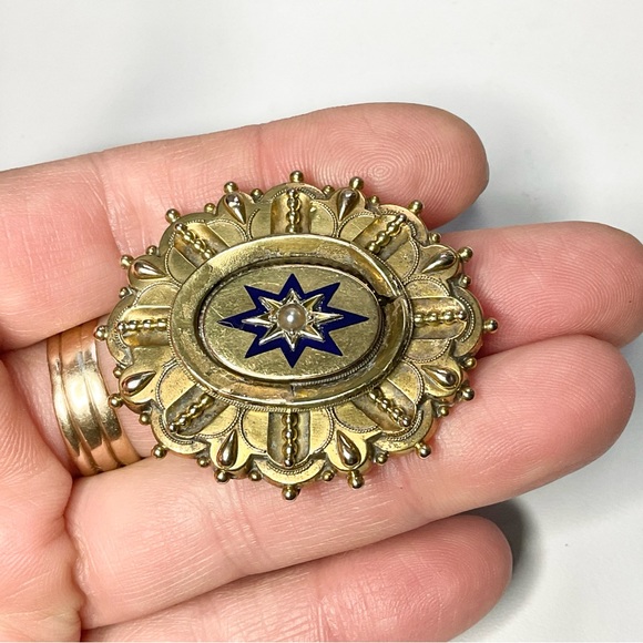 Victorian Locket Brooch Enamel Half Pearl Gold Filled Hair Mourning Locket - Picture 6 of 8